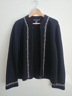 Vintage Hong Kong XL 100% wool thick zip up sweater jacket black cream trim